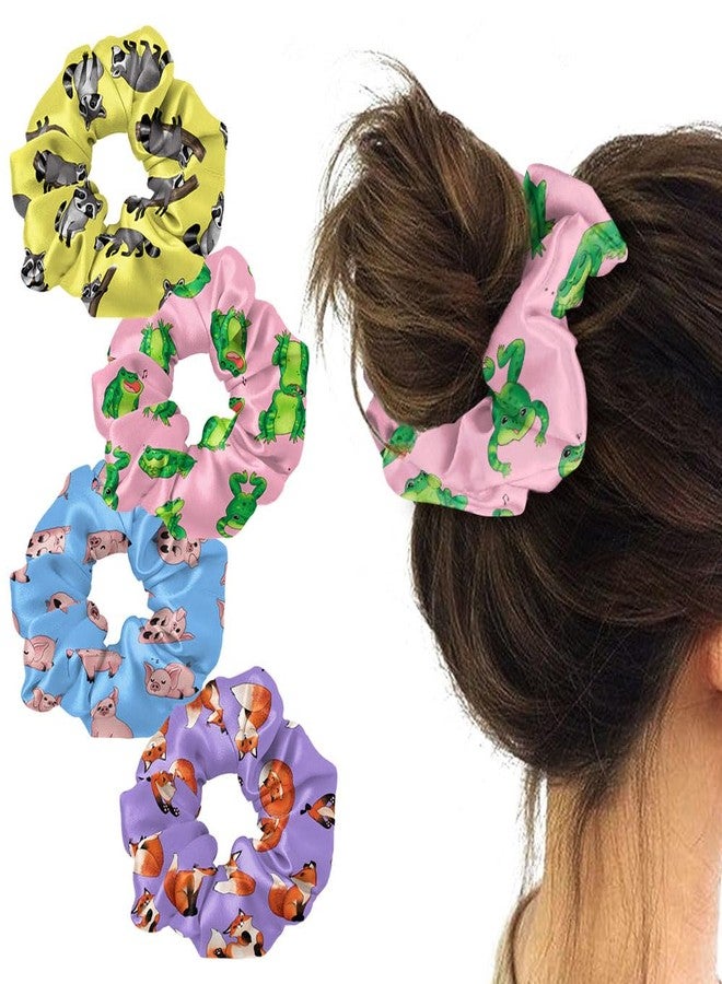 WIRESTER 4 Pcs Satin Hair Scrunchies, Silk Hair Ties, Soft Elastic Hair Bands Ponytail Holder, Silky Curly Hair Accessories for Women Girls - Fox Raccoon Pig Frog Playful Postures - Image 1